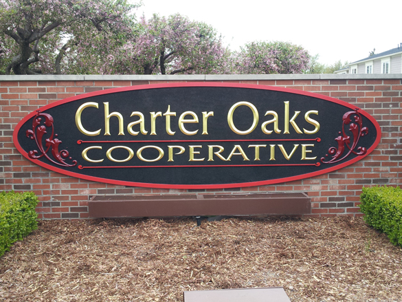 Charter Oaks Cooperative Carved Wall Sign With Gold Leaf Lettering – Shelby Township Michigan