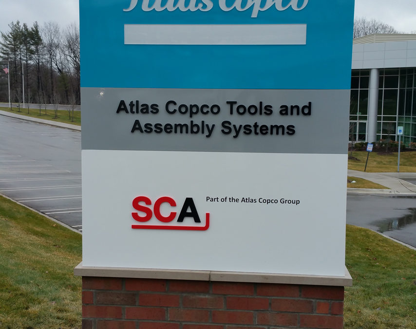 Atlas Copco Aluminum Fabricated Push-Through Letters Ground Sign – Auburn Hills Michigan