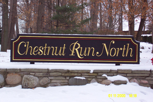 Chestnut Run Carved HDU sign, Smalt Background, Gold Leaf Lettering – Bloomfield Hills Michigan