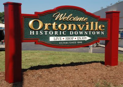 Ortonville Green Smalt Background, V carved HDU sign, gold leafed – Ortonville Michigan