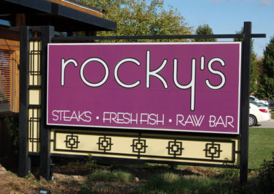 Rocky’s Restaurant Ground Sign Fabricated Aluminum with Vinyl Graphics – Novi Michigan